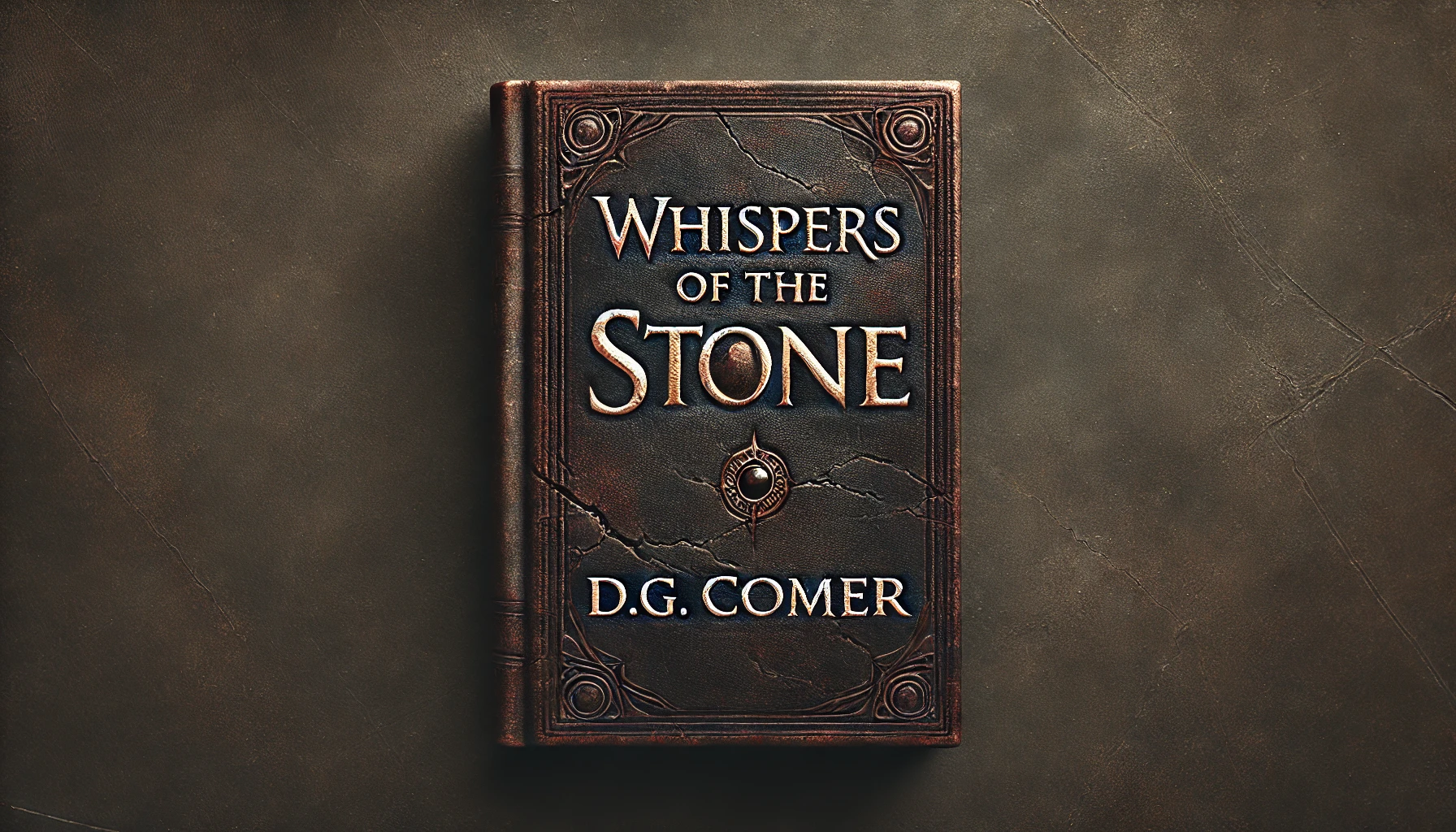 DALL·E 2024-10-15 03.21.09 - A hardcover book cover design for'Whispers of the Stone' by D.G. Comer. The cover features the texture of dark, weathered leather with cracks and scu